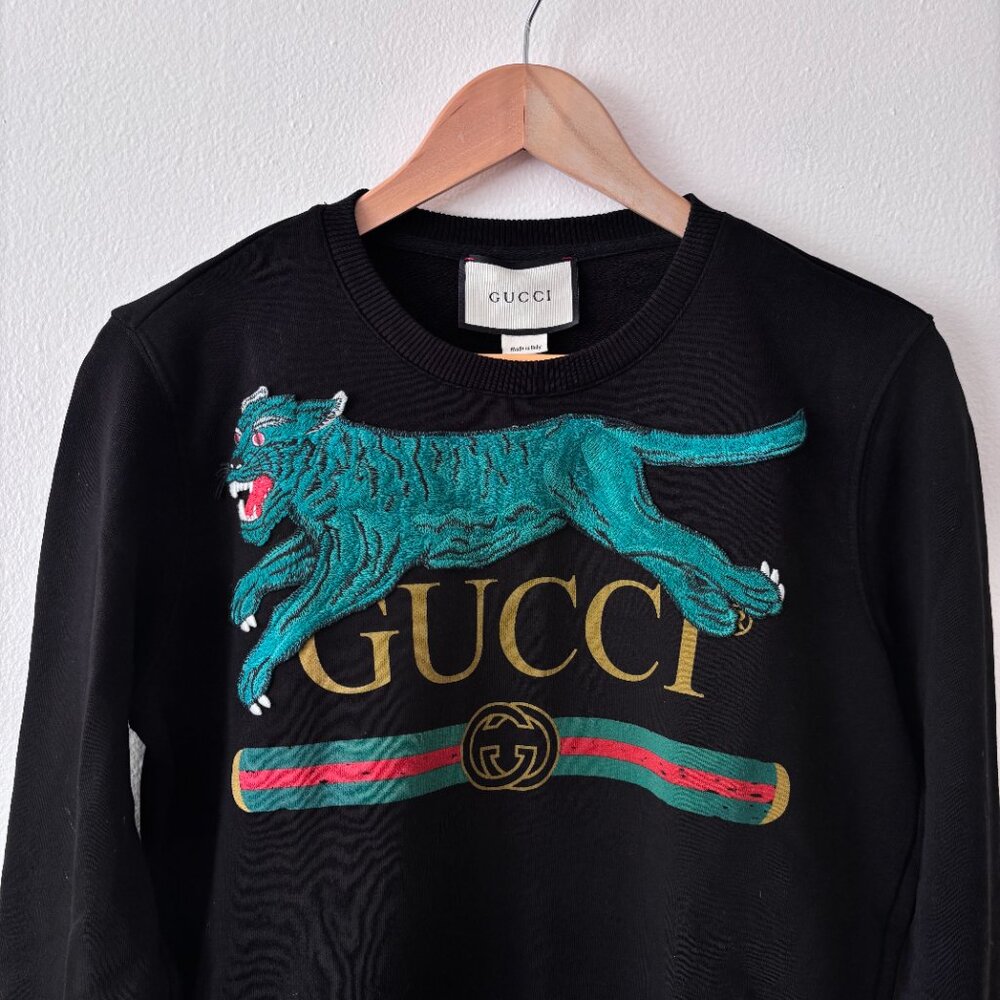 GUCCI Men's Black Leopard Appliqué Logo Print Crewneck Sweatshirt - Picture 3 of 7